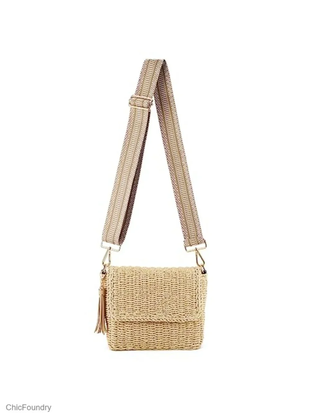 Woven Straw Crossbody Bag with Tassel, Adjustable Canvas Strap, Summer Beach